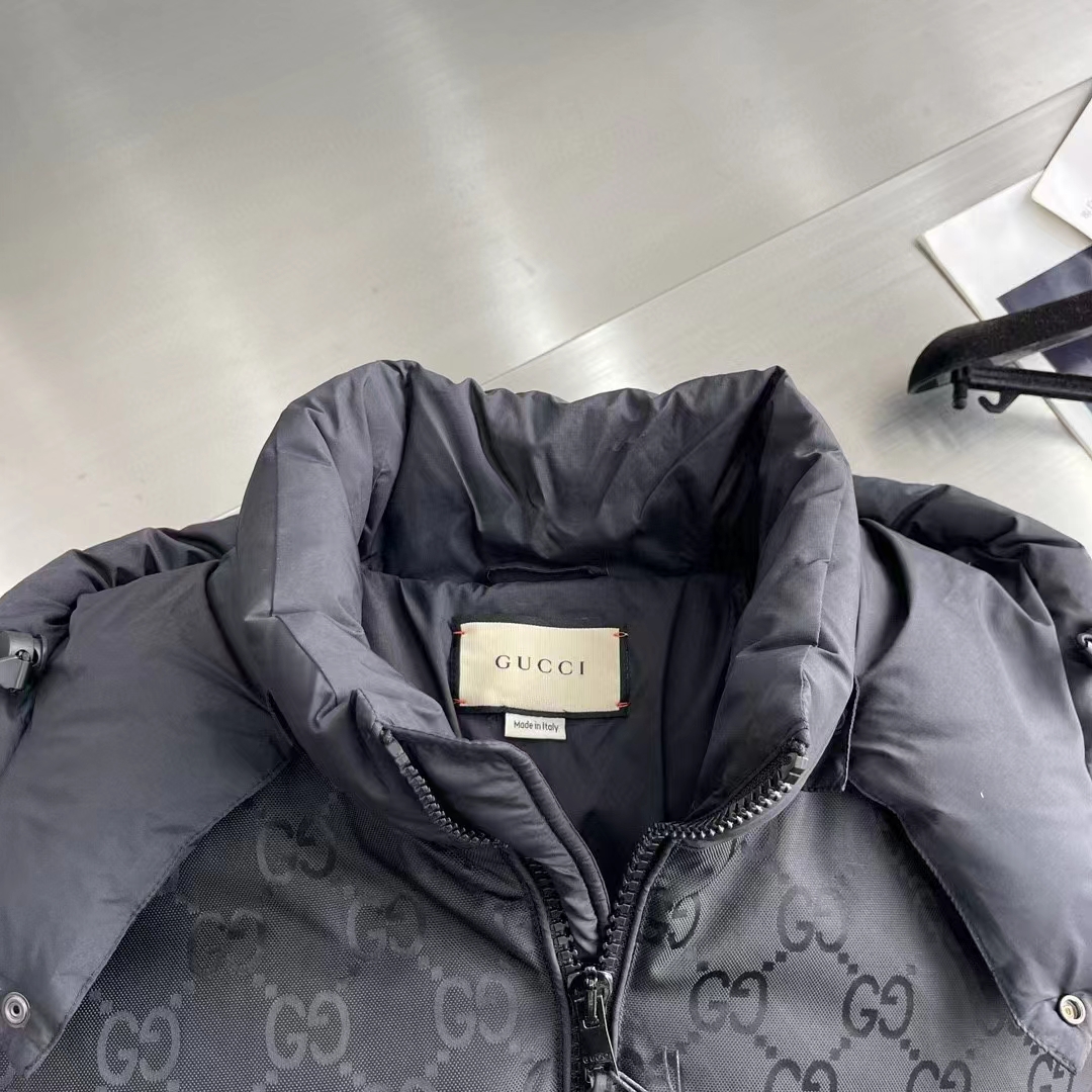 Gucci Men Nylon Down Jacket GG Iserts Black Canvas High Neck Velcro Cuffs Zip Closure