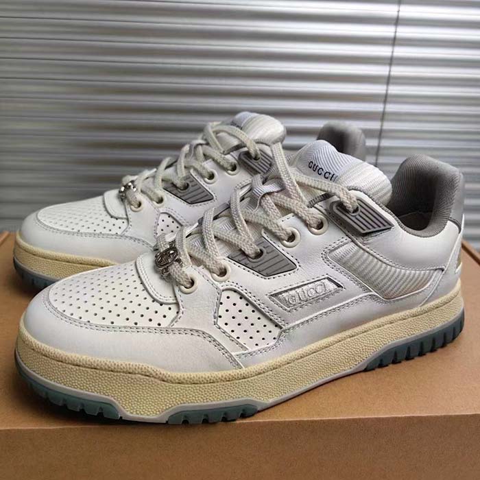 Gucci Unisex Distressed Effect Sneaker Off White Leather Grey Rubber Gucci Script Low Heel