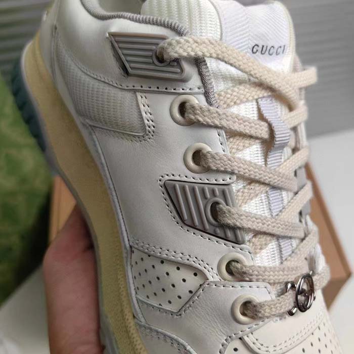 Gucci Unisex Distressed Effect Sneaker Off White Leather Grey Rubber Gucci Script Low Heel