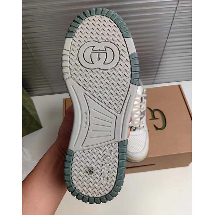Gucci Unisex Distressed Effect Sneaker Off White Leather Grey Rubber Gucci Script Low Heel