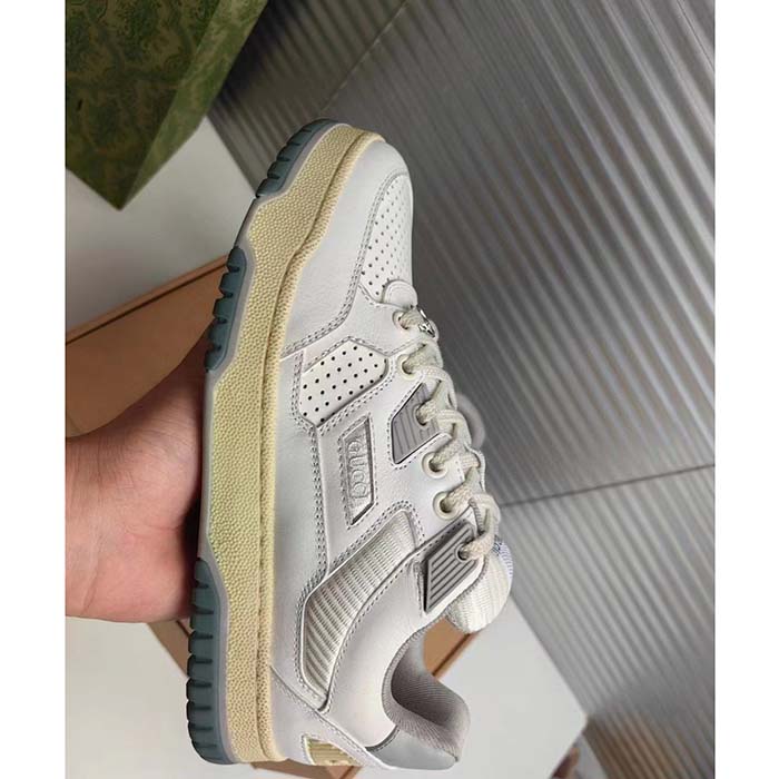 Gucci Unisex Distressed Effect Sneaker Off White Leather Grey Rubber Gucci Script Low Heel