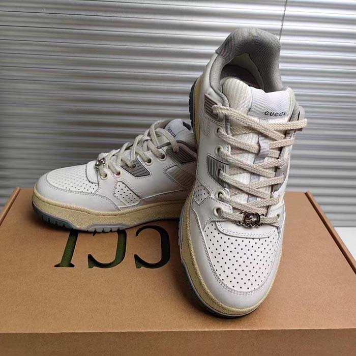 Gucci Unisex Distressed Effect Sneaker Off White Leather Grey Rubber Gucci Script Low Heel