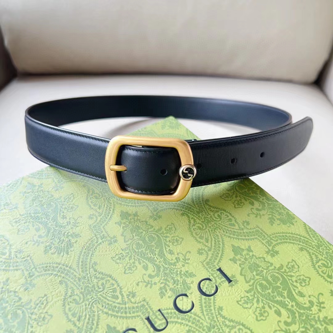 Gucci Unisex GG Belt Rectangular Buckle Black Leather Antique Brass Hardware 3 CM Width