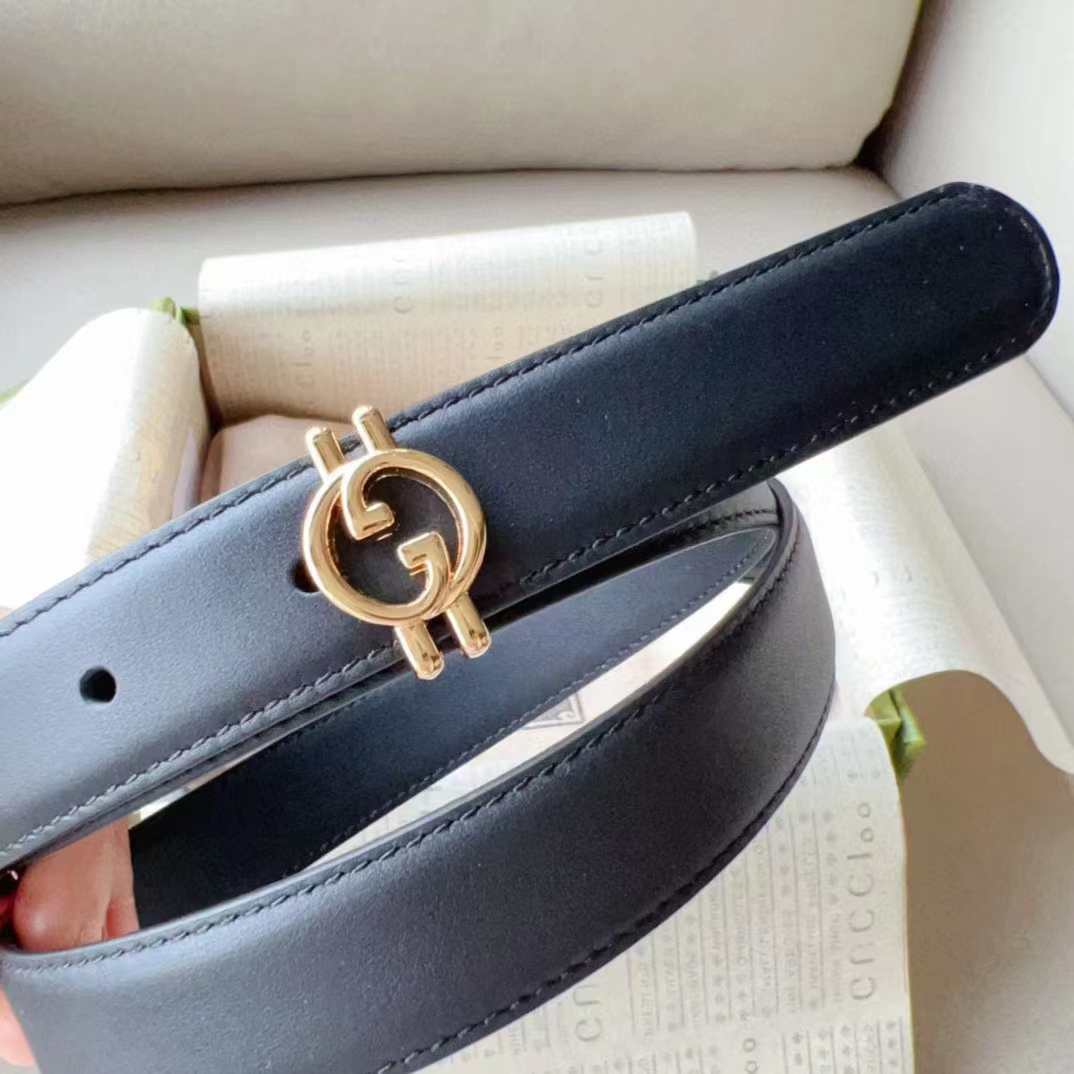 Gucci Unisex GG Belt Round Interlocking G Black Leather Oval Buckle 2.3 CM Width