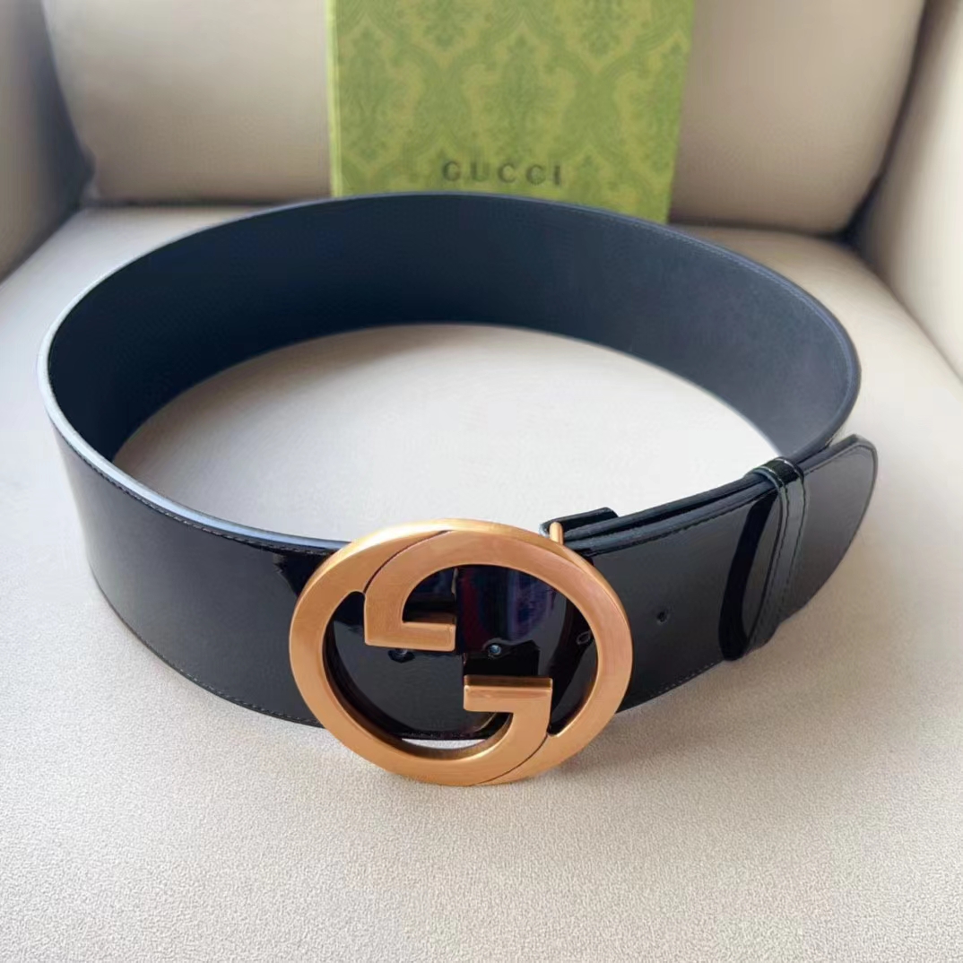 Gucci Unisex GG Blondie Wide Patent Belt Round Interlocking G 7 CM Width