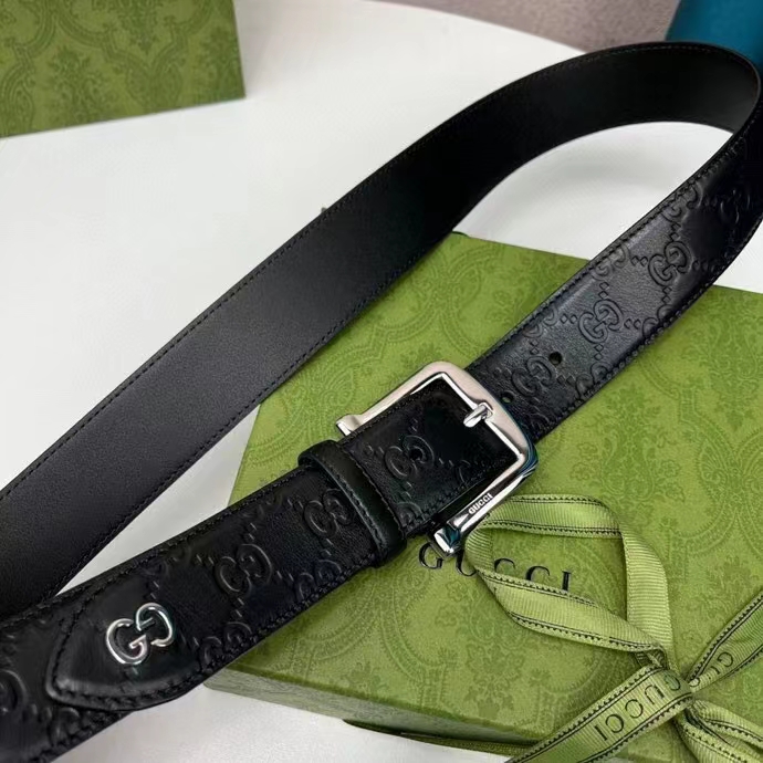Gucci Unisex GG Gucci Signature Belt GG Detail Black Square Buckle Metal 3.8 CM Width