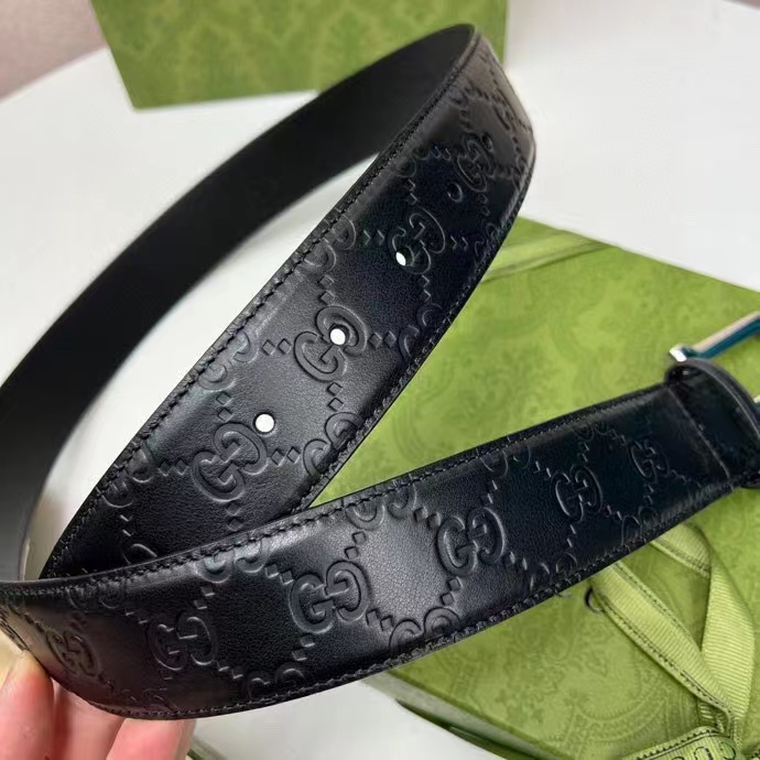 Gucci Unisex GG Gucci Signature Belt GG Detail Black Square Buckle Metal 3.8 CM Width