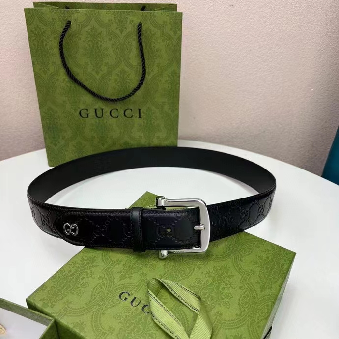 Gucci Unisex GG Gucci Signature Belt GG Detail Black Square Buckle Metal 3.8 CM Width