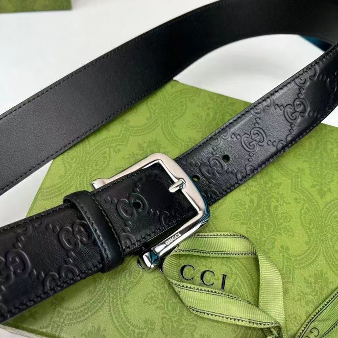 Gucci Unisex GG Gucci Signature Belt GG Detail Black Square Buckle Metal 3.8 CM Width