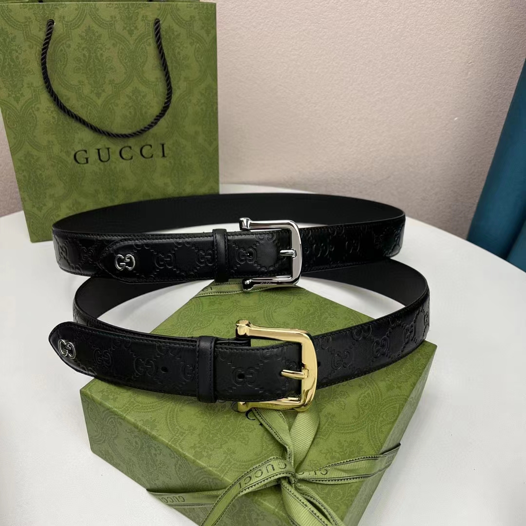 Gucci Unisex GG Gucci Signature Belt GG Detail Black Square Buckle Metal 3.8 CM Width