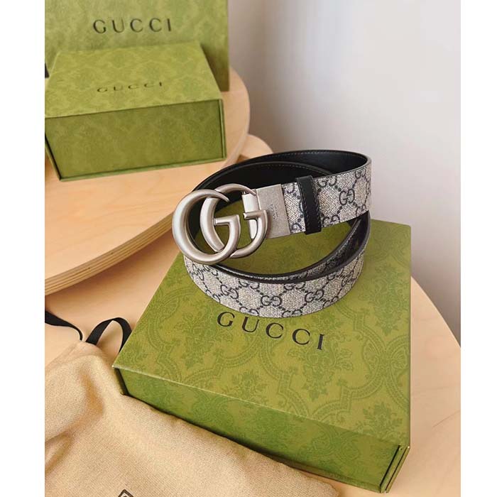 Gucci Unisex GG Marmont Reversible Belt Beige Blue GG Supreme Canvas Double G Buckle
