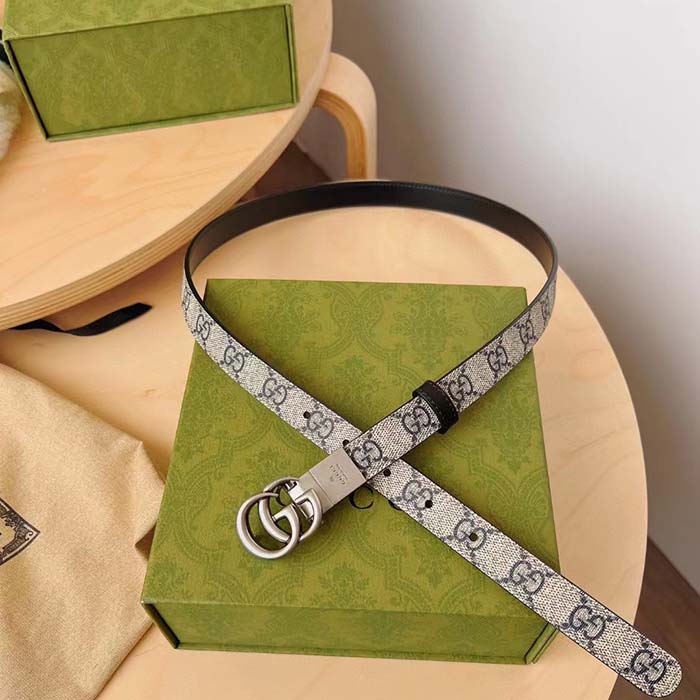 Gucci Unisex GG Marmont Reversible Thin Belt Beige Ebony GG Supreme Canvas Double G Buckle
