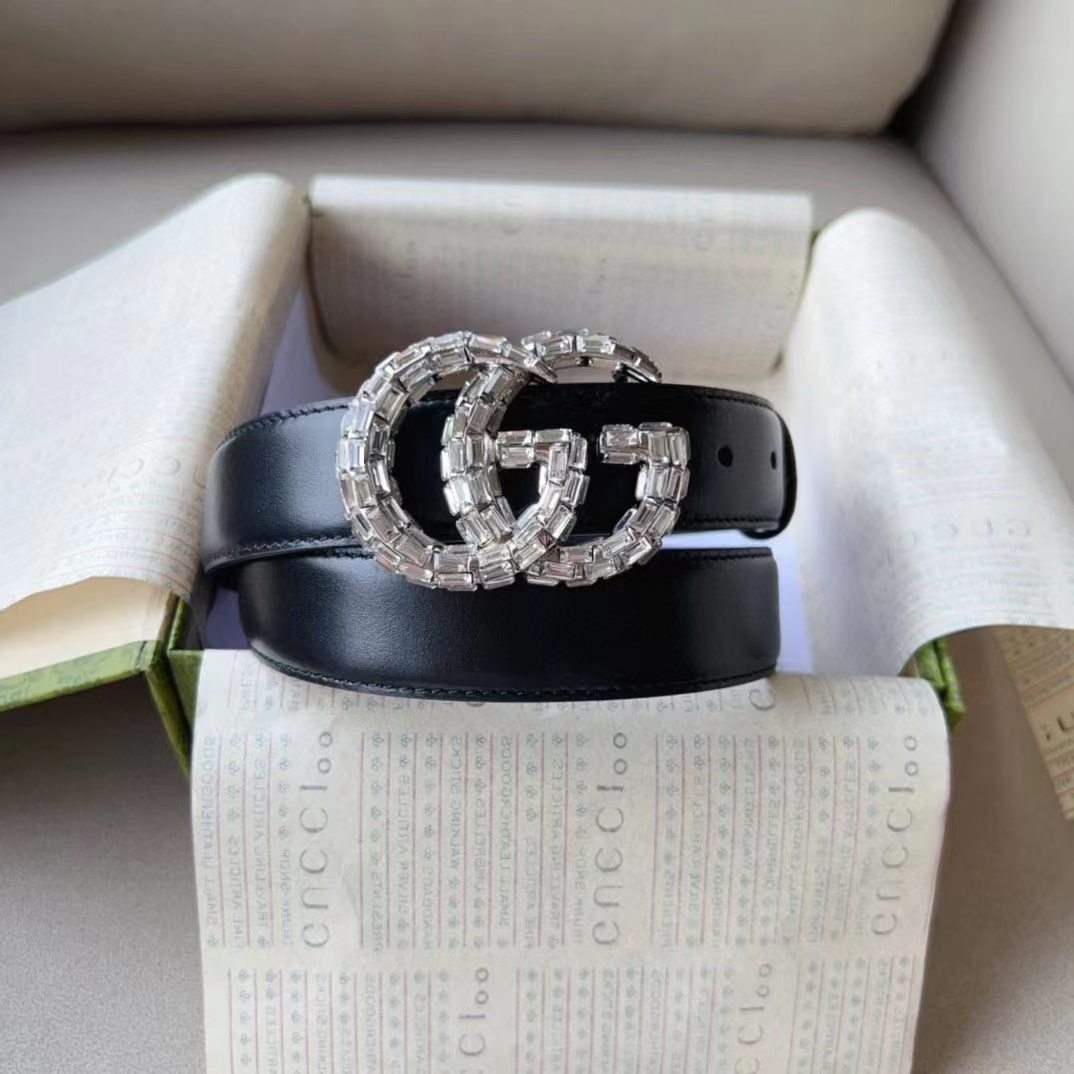 Gucci Unisex GG Marmont Thin Belt Crystals Black Leather Double G Buckle 3 CM Width