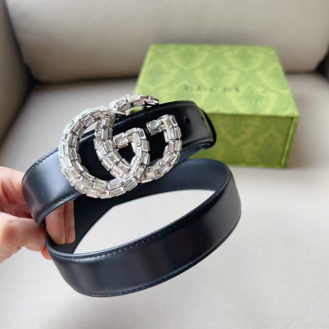 Gucci Unisex GG Marmont Thin Belt Crystals Black Leather Double G Buckle 3 CM Width
