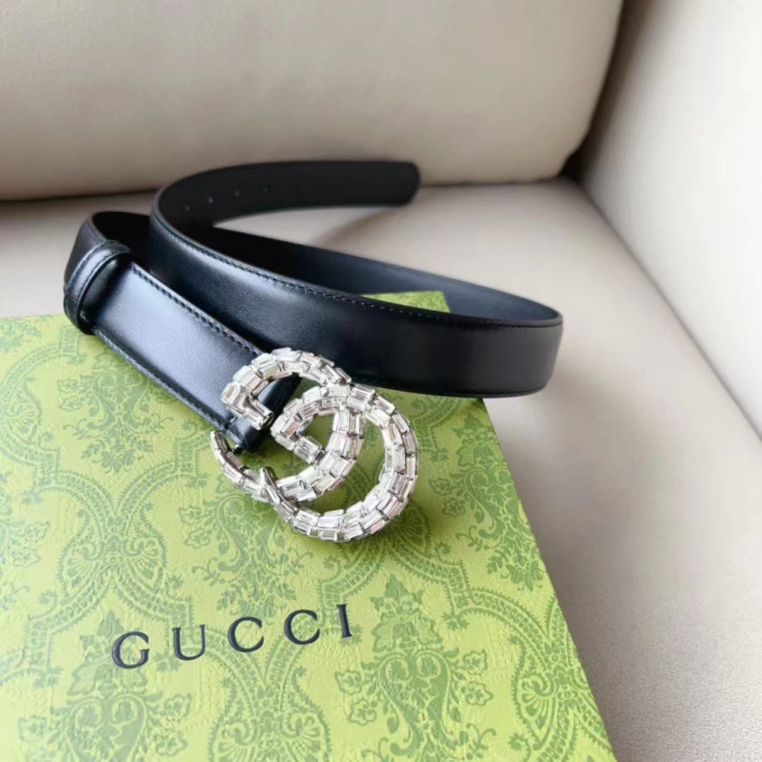 Gucci Unisex GG Marmont Thin Belt Crystals Black Leather Double G Buckle 3 CM Width