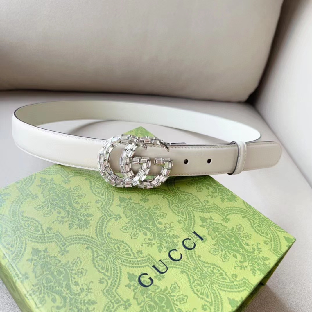 Gucci Unisex GG Marmont Thin Belt Crystals White Leather Double G Buckle 3 CM Width