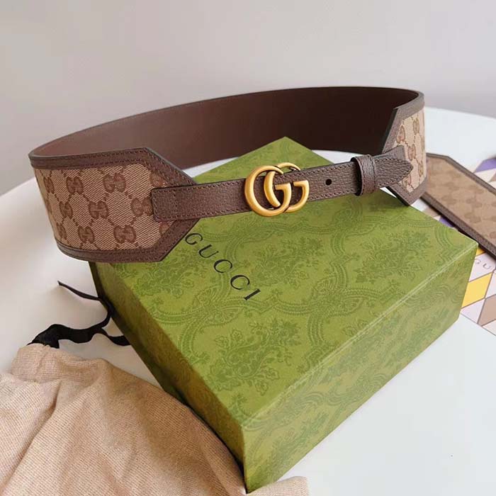 Gucci Unisex GG Marmont Wide Belt Beige Ebony GG Supreme Canvas Double G