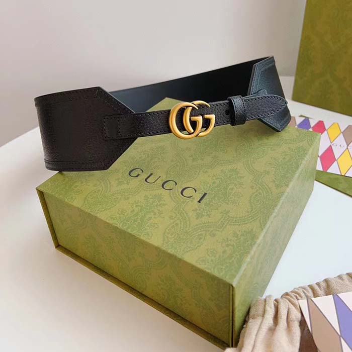 Gucci Unisex GG Marmont Wide Belt Black Leather Double G 6.9 CM Width