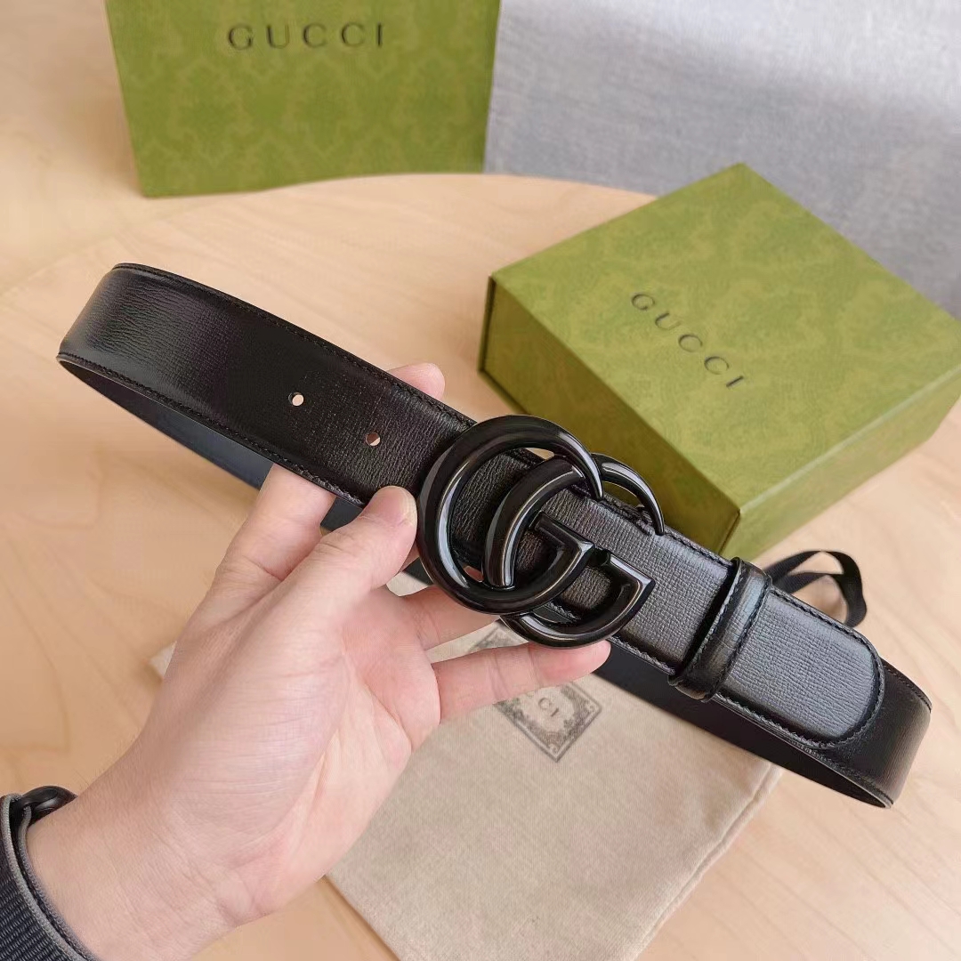 Gucci Unisex GG Marmont Wide Belt Black Leather Double G Buckle 3.8 CM Width