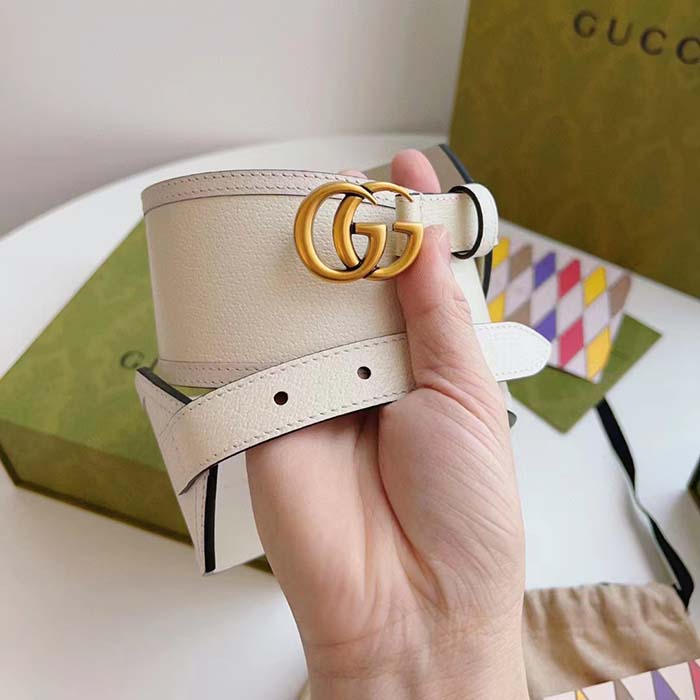 Gucci Unisex GG Marmont Wide Belt White Leather Double G 6.9 CM Width