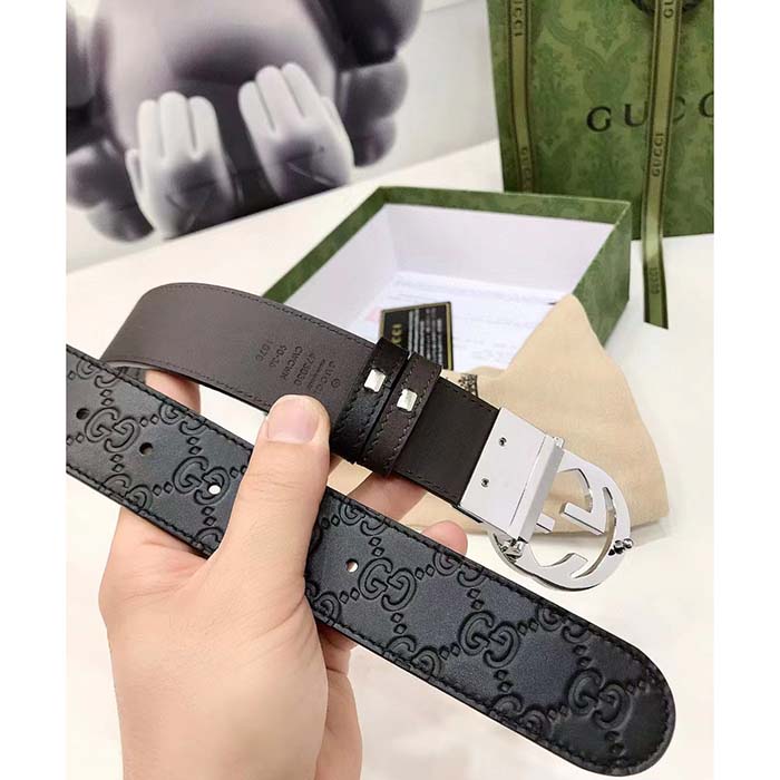 Gucci Unisex GG Reversible Gucci Signature Belt Black Leather Reverses To Brown Leather