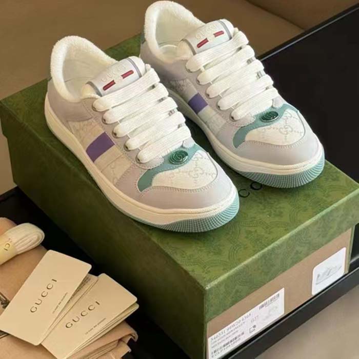Gucci Unisex GG Screener Sneaker Light Blue White Canvas Bi-Color Rubber Sole