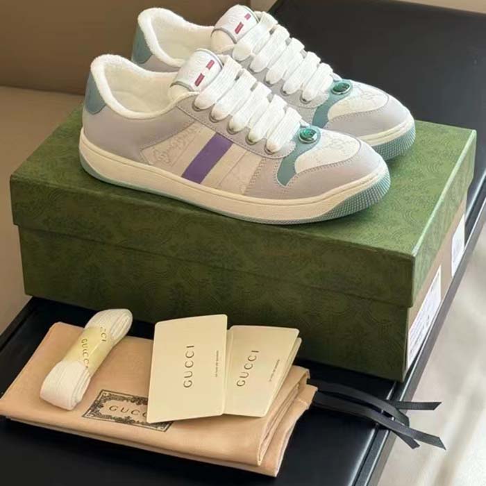 Gucci Unisex GG Screener Sneaker Light Blue White Canvas Bi-Color Rubber Sole