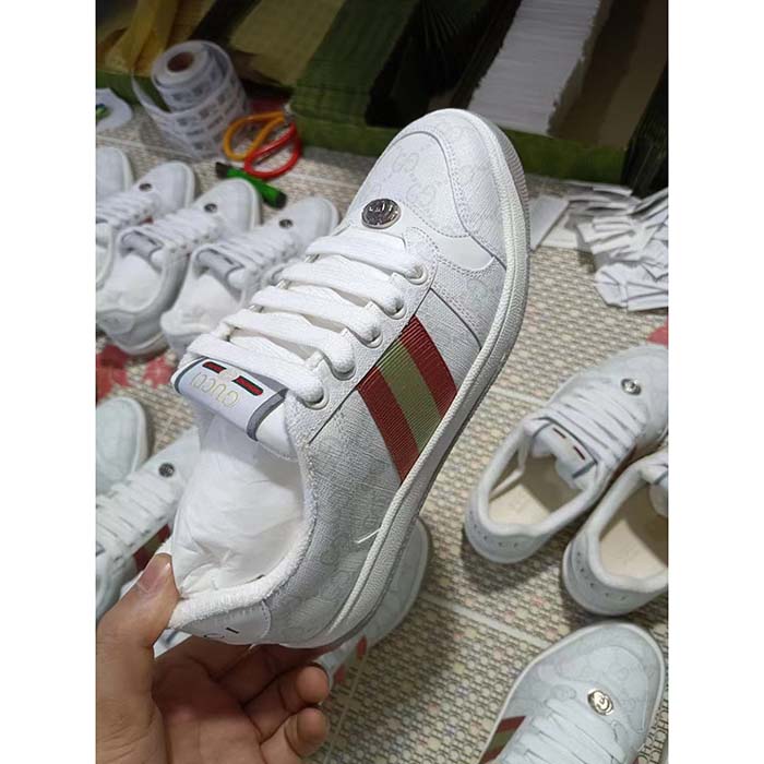 Gucci Unisex Screener Sneaker White GG Supreme Canvas Pink Green Web Rubber Sole