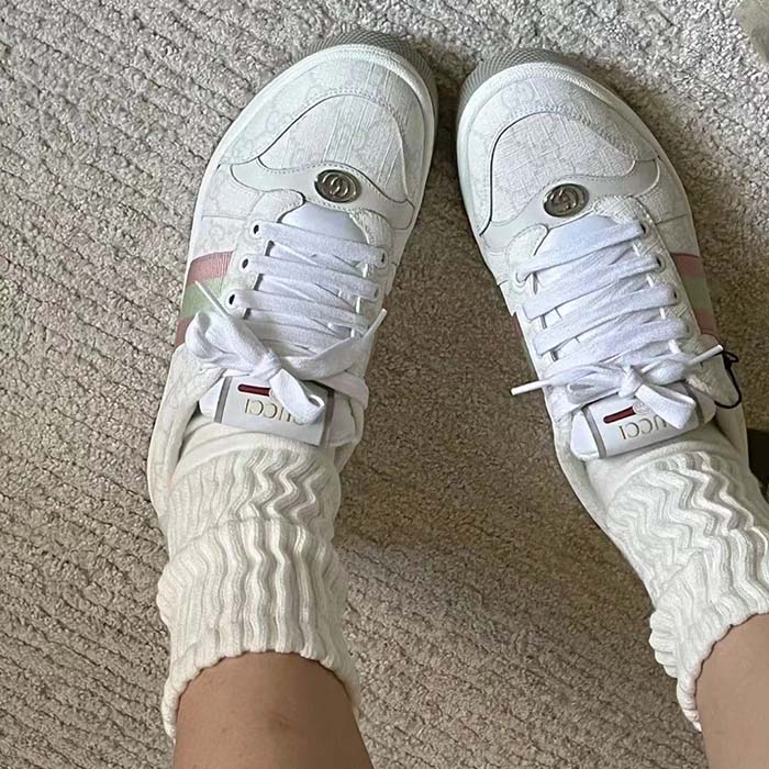 Gucci Unisex Screener Sneaker White GG Supreme Canvas Pink Green Web Rubber Sole