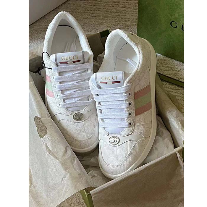 Gucci Unisex Screener Sneaker White GG Supreme Canvas Pink Green Web Rubber Sole