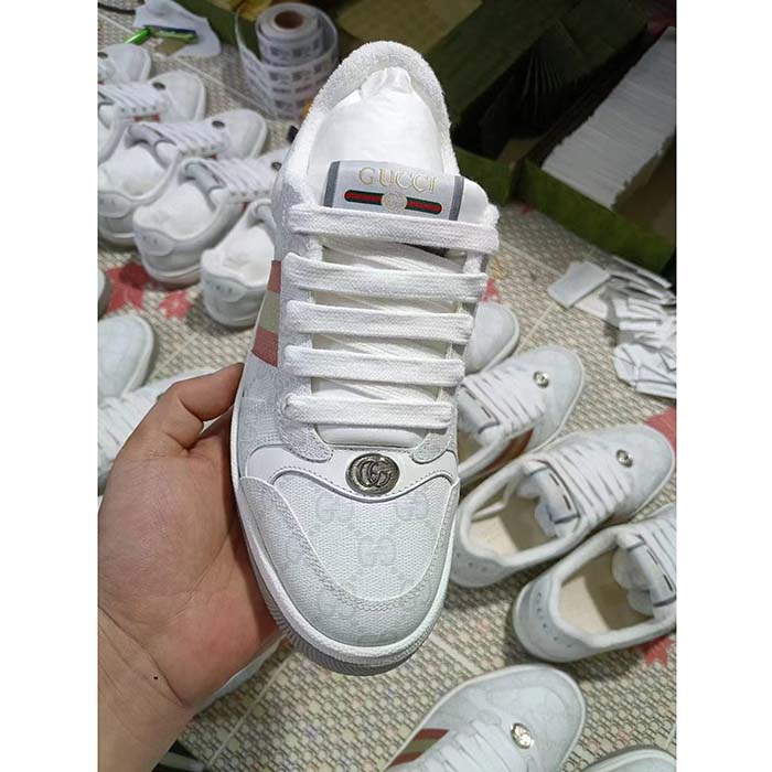 Gucci Unisex Screener Sneaker White GG Supreme Canvas Pink Green Web Rubber Sole