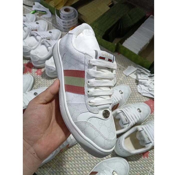 Gucci Unisex Screener Sneaker White GG Supreme Canvas Pink Green Web Rubber Sole