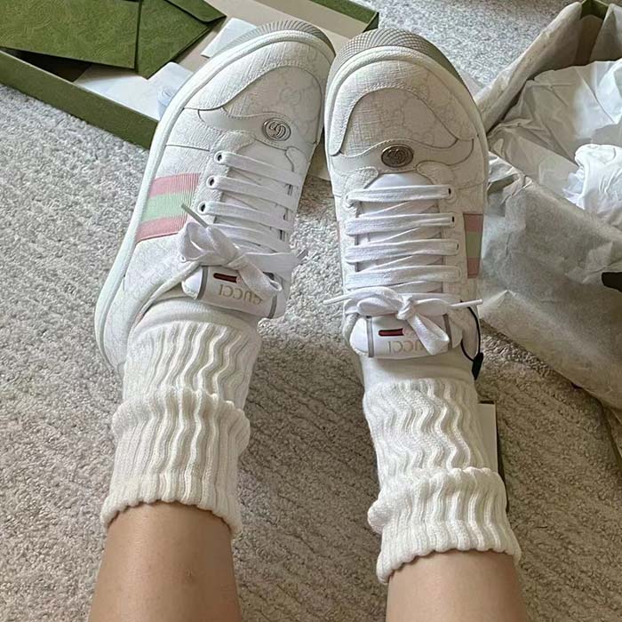 Gucci Unisex Screener Sneaker White GG Supreme Canvas Pink Green Web Rubber Sole