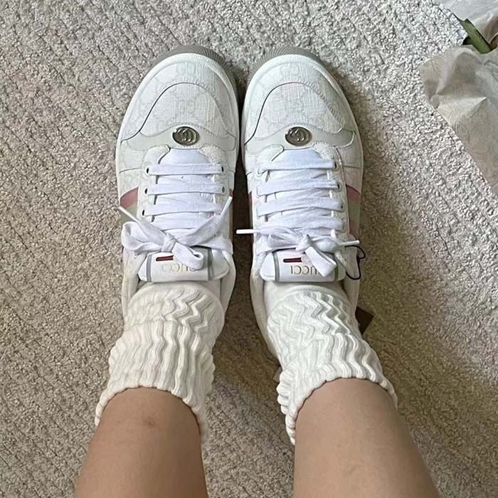 Gucci Unisex Screener Sneaker White GG Supreme Canvas Pink Green Web Rubber Sole