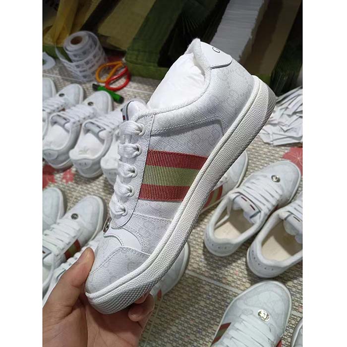 Gucci Unisex Screener Sneaker White GG Supreme Canvas Pink Green Web Rubber Sole