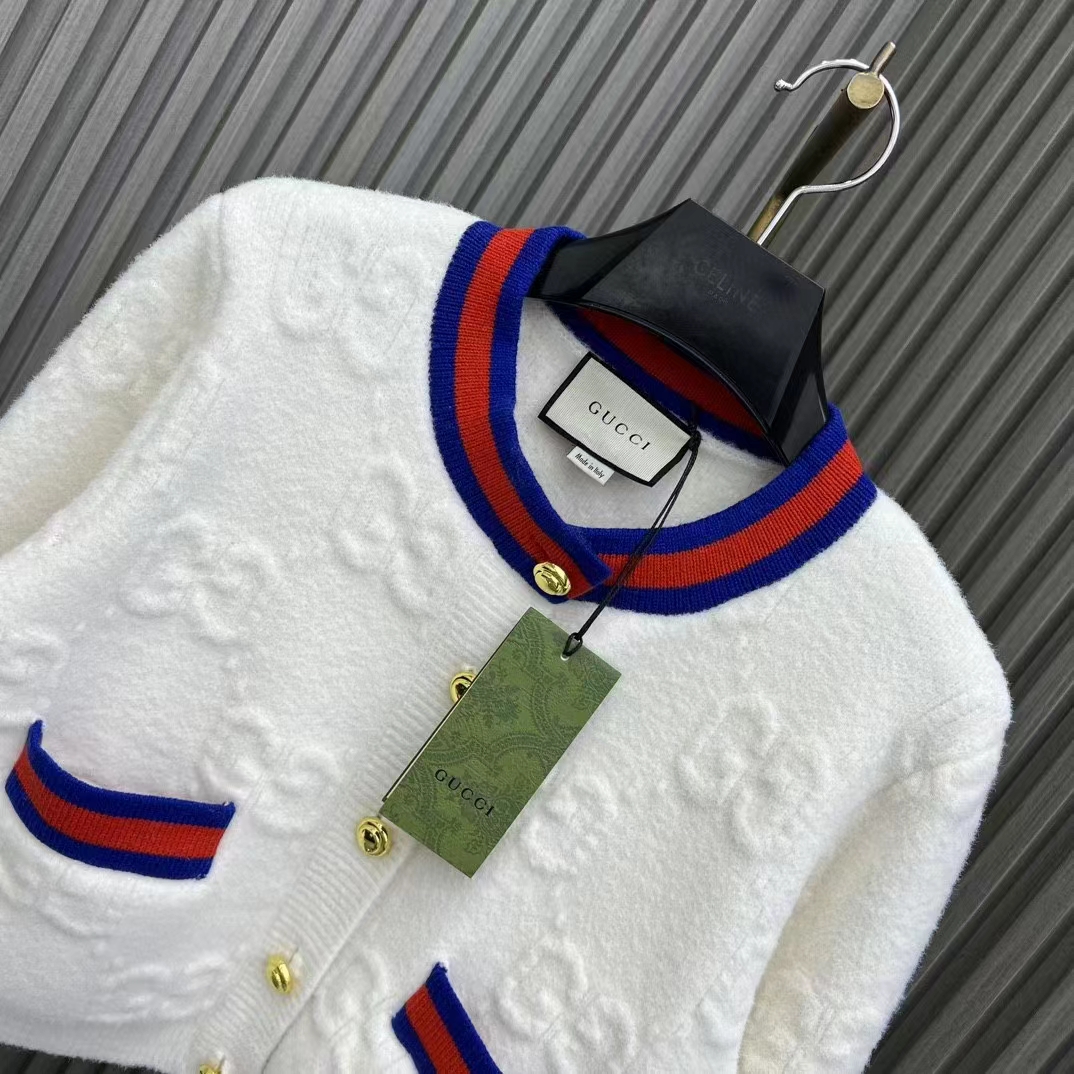 Gucci Women Felted GG Wool Cardigan Web Ivory Crewneck Dropped Shoulder Long Sleeves