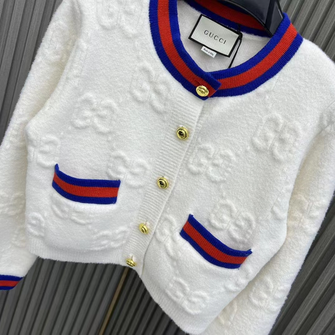 Gucci Women Felted GG Wool Cardigan Web Ivory Crewneck Dropped Shoulder Long Sleeves