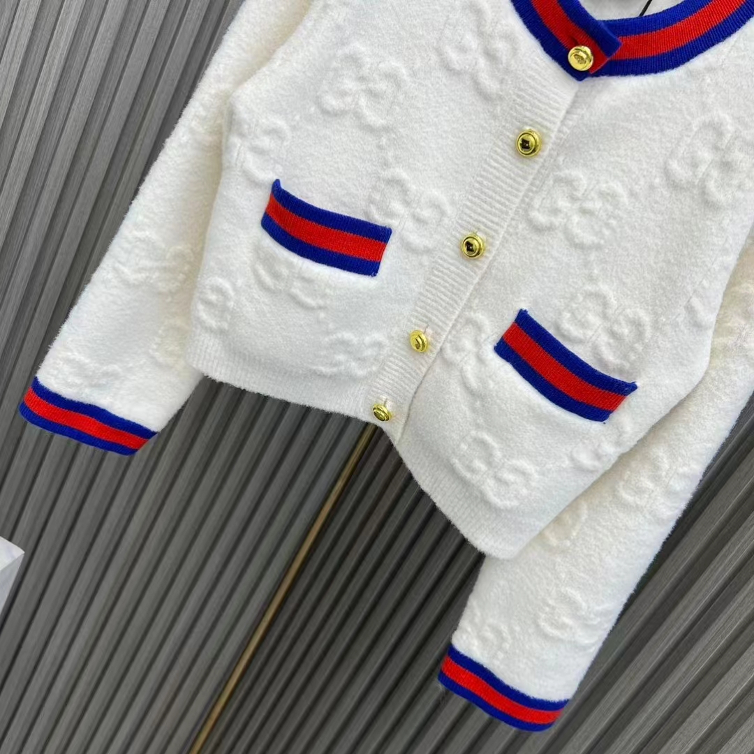 Gucci Women Felted GG Wool Cardigan Web Ivory Crewneck Dropped Shoulder Long Sleeves