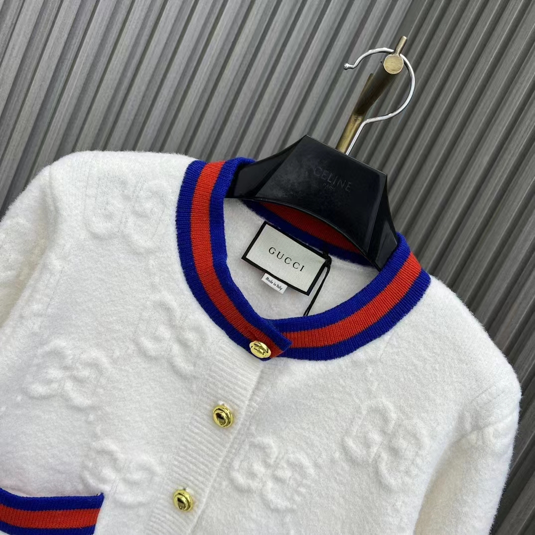 Gucci Women Felted GG Wool Cardigan Web Ivory Crewneck Dropped Shoulder Long Sleeves
