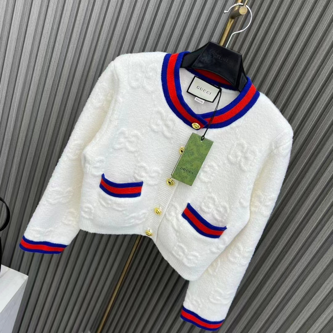 Gucci Women Felted GG Wool Cardigan Web Ivory Crewneck Dropped Shoulder Long Sleeves