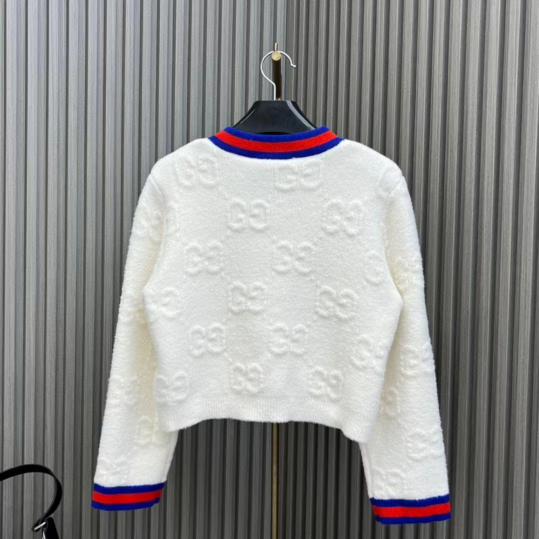 Gucci Women Felted GG Wool Cardigan Web Ivory Crewneck Dropped Shoulder Long Sleeves