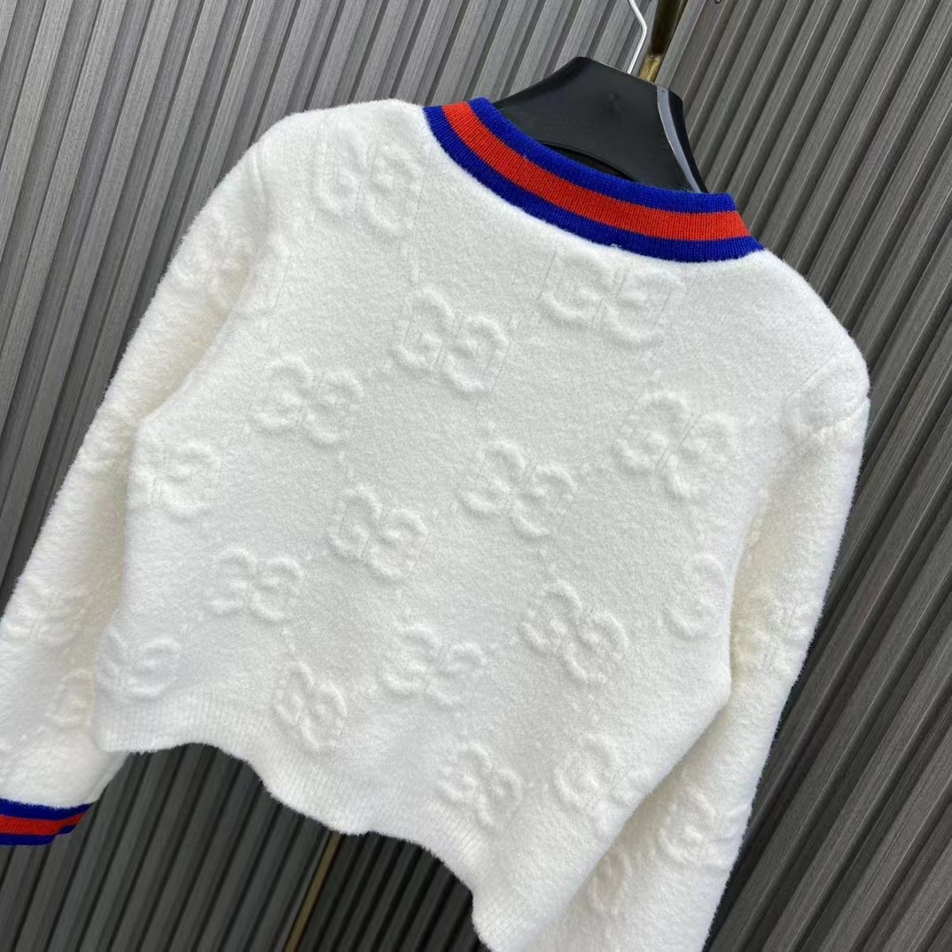 Gucci Women Felted GG Wool Cardigan Web Ivory Crewneck Dropped Shoulder Long Sleeves