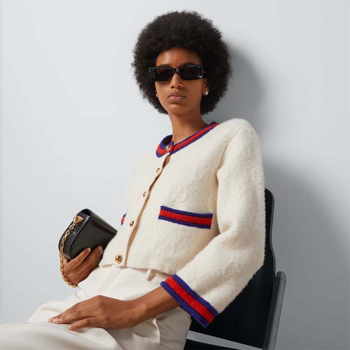 Gucci Women Felted GG Wool Cardigan Web Ivory Crewneck Dropped Shoulder Long Sleeves