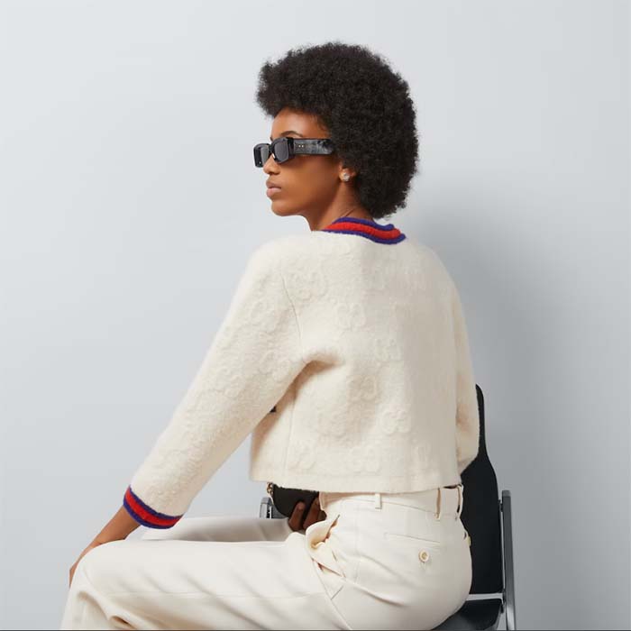 Gucci Women Felted GG Wool Cardigan Web Ivory Crewneck Dropped Shoulder Long Sleeves