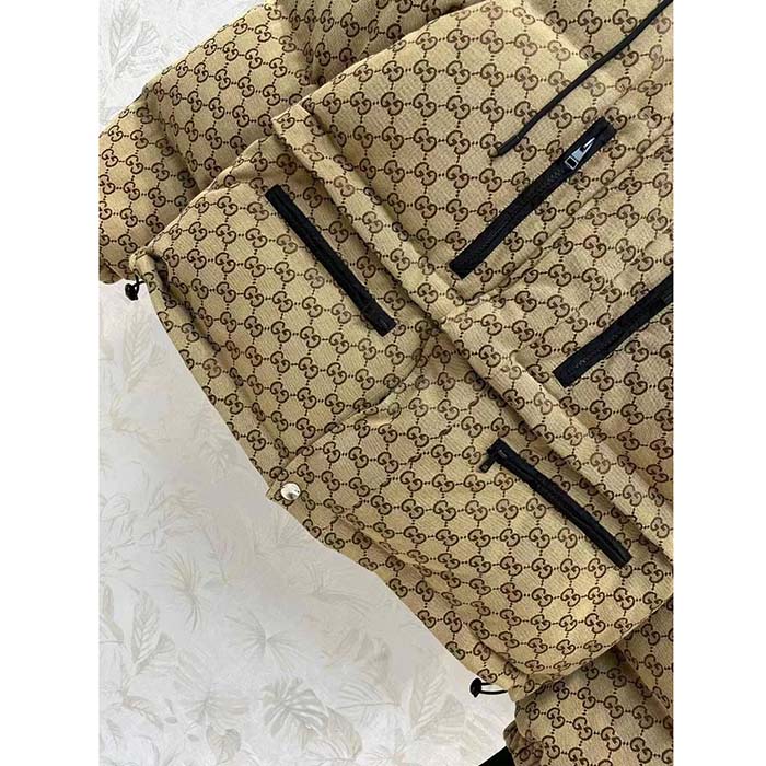 Gucci Men GG Canvas Bomber Jacket Camel Ebony Black Trim Lined Dropped Shoulder Padded