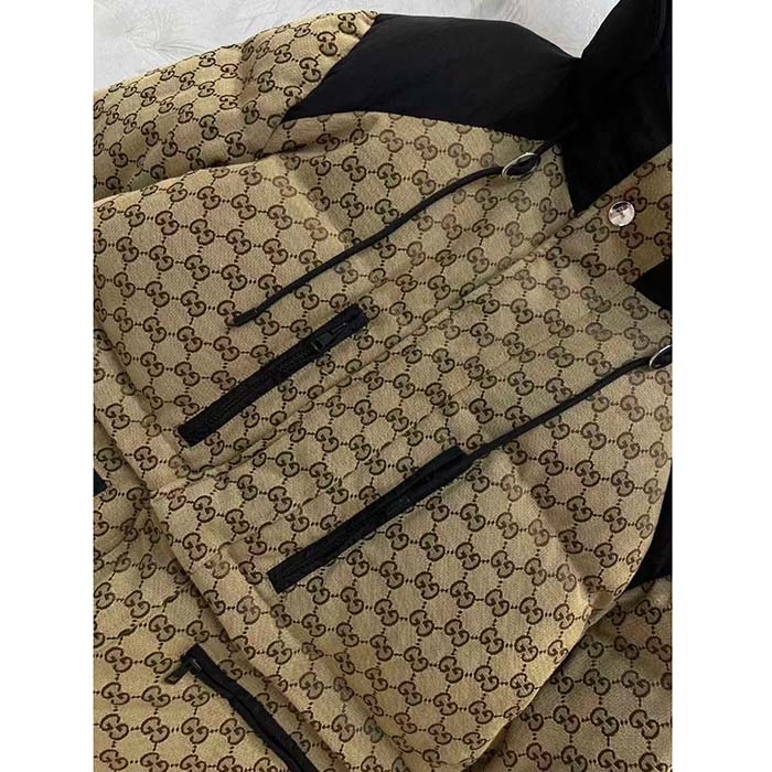 Gucci Men GG Canvas Bomber Jacket Camel Ebony Black Trim Lined Dropped Shoulder Padded