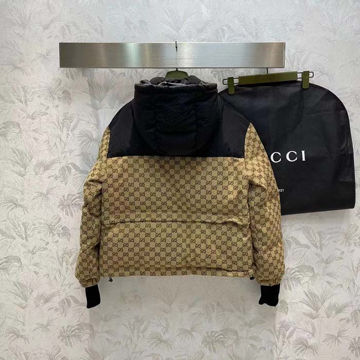 Gucci Men GG Canvas Bomber Jacket Camel Ebony Black Trim Lined Dropped Shoulder Padded