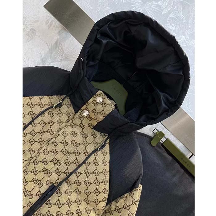 Gucci Men GG Canvas Bomber Jacket Camel Ebony Black Trim Lined Dropped Shoulder Padded