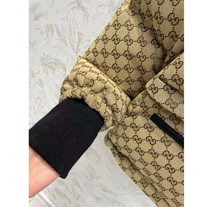Gucci Men GG Canvas Bomber Jacket Camel Ebony Black Trim Lined Dropped Shoulder Padded