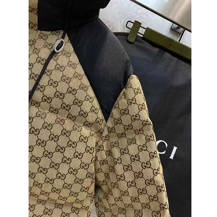 Gucci Men GG Canvas Bomber Jacket Camel Ebony Black Trim Lined Dropped Shoulder Padded